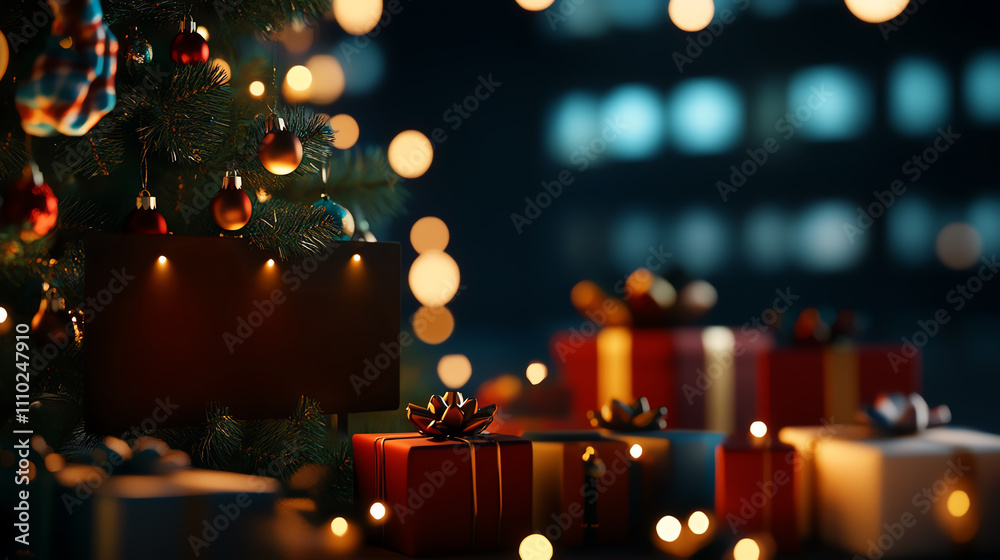 A cozy Christmas scene with a decorated tree and beautifully wrapped gifts. A cozy Christmas scene with a decorated tree and beautifully wrapped gifts.