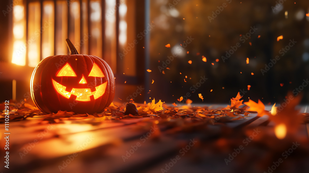 Fototapeta premium A glowing Halloween pumpkin surrounded by autumn leaves and warm sunlight.