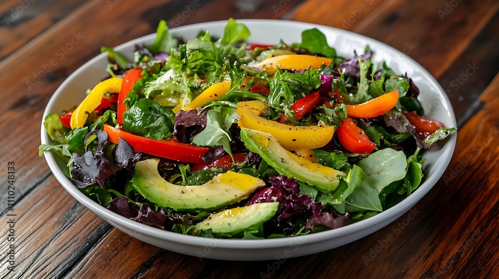 A vibrant vegan salad made with fresh mixed greens, colorful bell peppers, avocado, and a drizzle of olive oil on a wooden table A vibrant vegan salad made with fresh mixed greens, colorful bell peppers, avocado, and a drizzle of olive oil on a wooden table