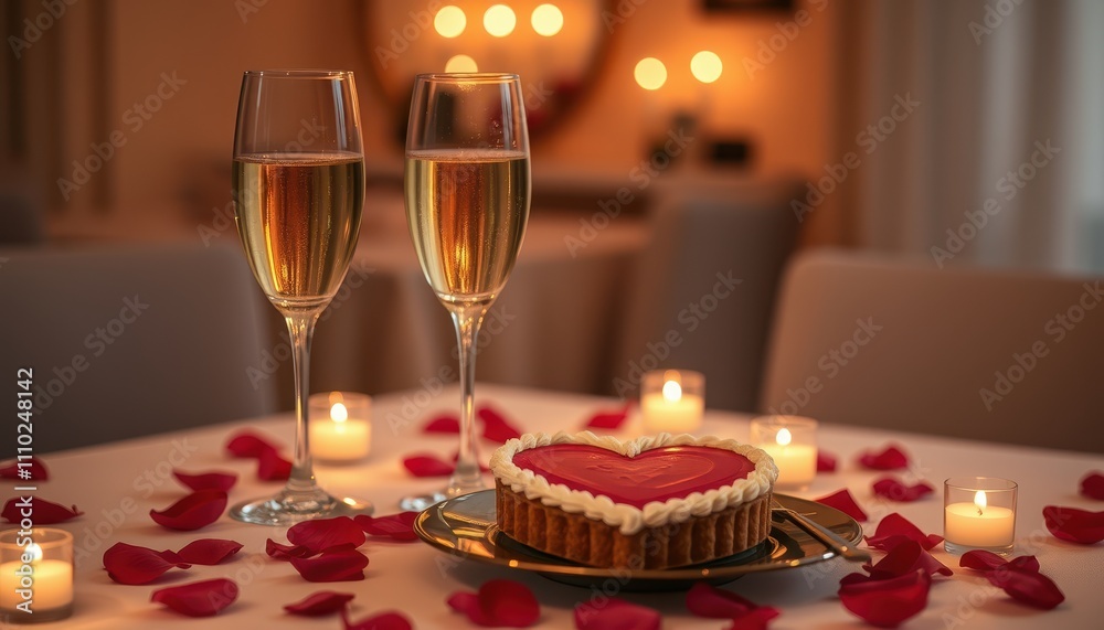 A romantic table setting featuring two champagne glasses, a heart-shaped cake, and rose petals, illuminated by soft candlelight. A romantic table setting featuring two champagne glasses, a heart-shaped cake, and rose petals, illuminated by soft candlelight.