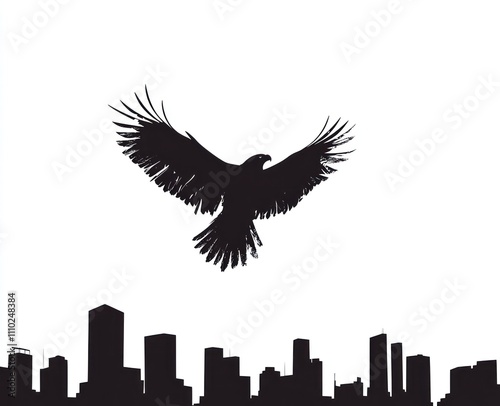 Silhouette of a soaring eagle above a city skyline. photo