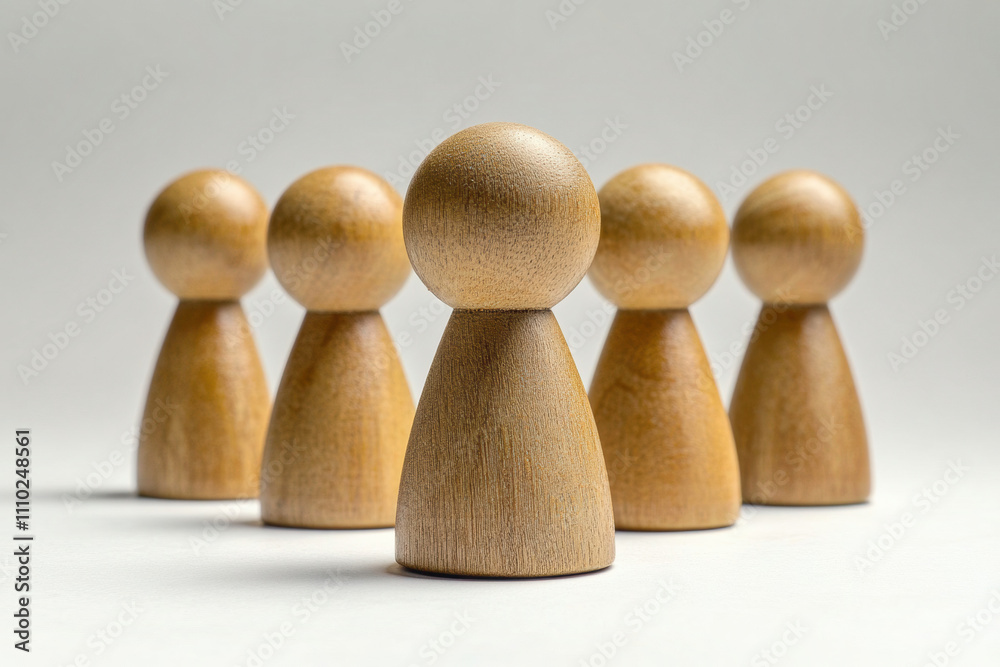 wooden peg dolls arranged in line against a light gray background wooden peg dolls arranged in line against a light gray background