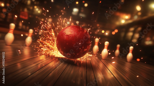 A bowling ball striking pins with dynamic lighting, symbolizing excitement and skill in bowling entertainment.
