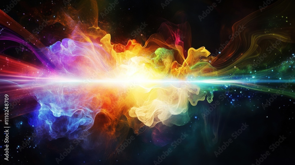 An evocative depiction of various abstract, colorful elements forming a radiant, unified cluster on a dark background An evocative depiction of various abstract, colorful elements forming a radiant, unified cluster on a dark background