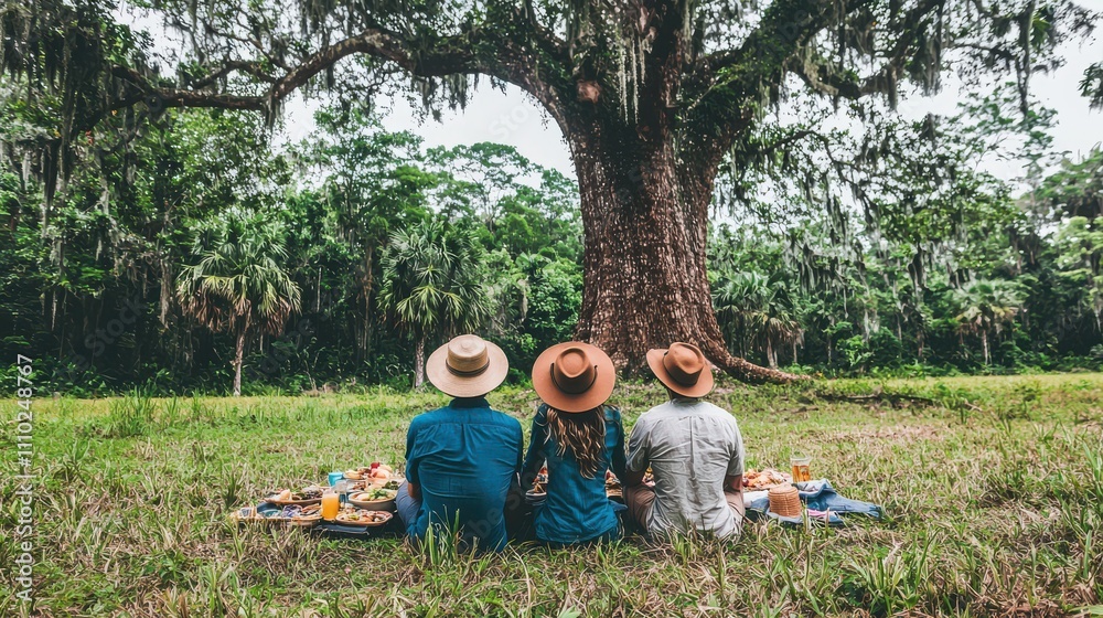 Family bonding under the shade of a tree, hats obscuring faces, creating an intimate moment of togetherness and relaxation. Family bonding under the shade of a tree, hats obscuring faces, creating an intimate moment of togetherness and relaxation.