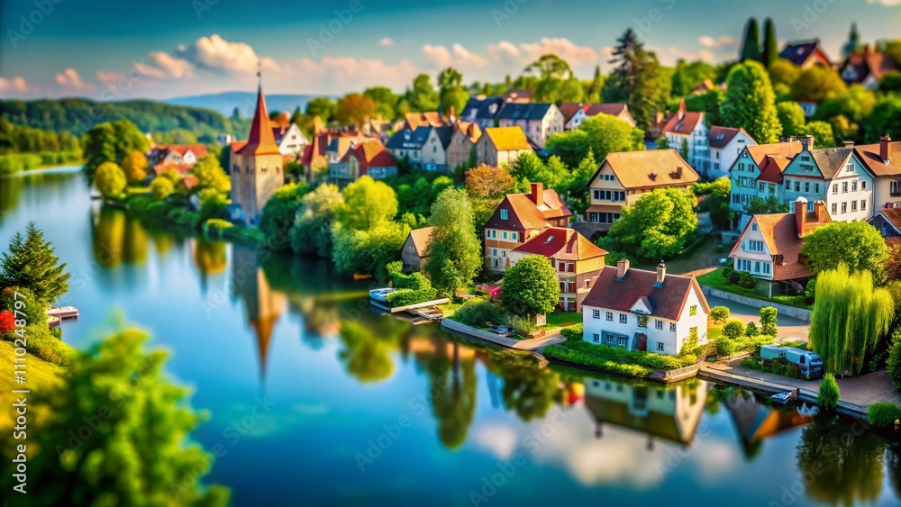 Obraz premium Captivating Tilt-Shift Photography of a Vibrant Landscape, Showcasing Miniature-Like Buildings, Lush Greenery, and a Serene Water Body Under a Bright Blue Sky