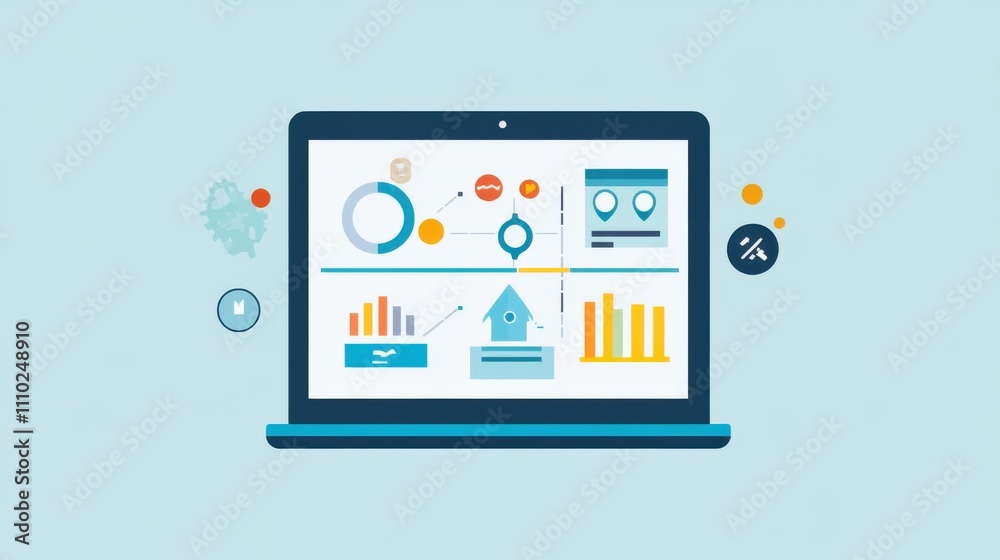 Data visualization on laptop screen showcasing colorful graphs and charts in a modern digital workspace environment Data visualization on laptop screen showcasing colorful graphs and charts in a modern digital workspace environment