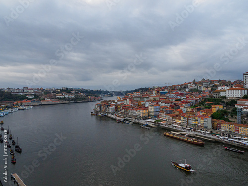 Large evening panoramic view of the bay of Porto and the Don Luis I Bridge, Portugal.