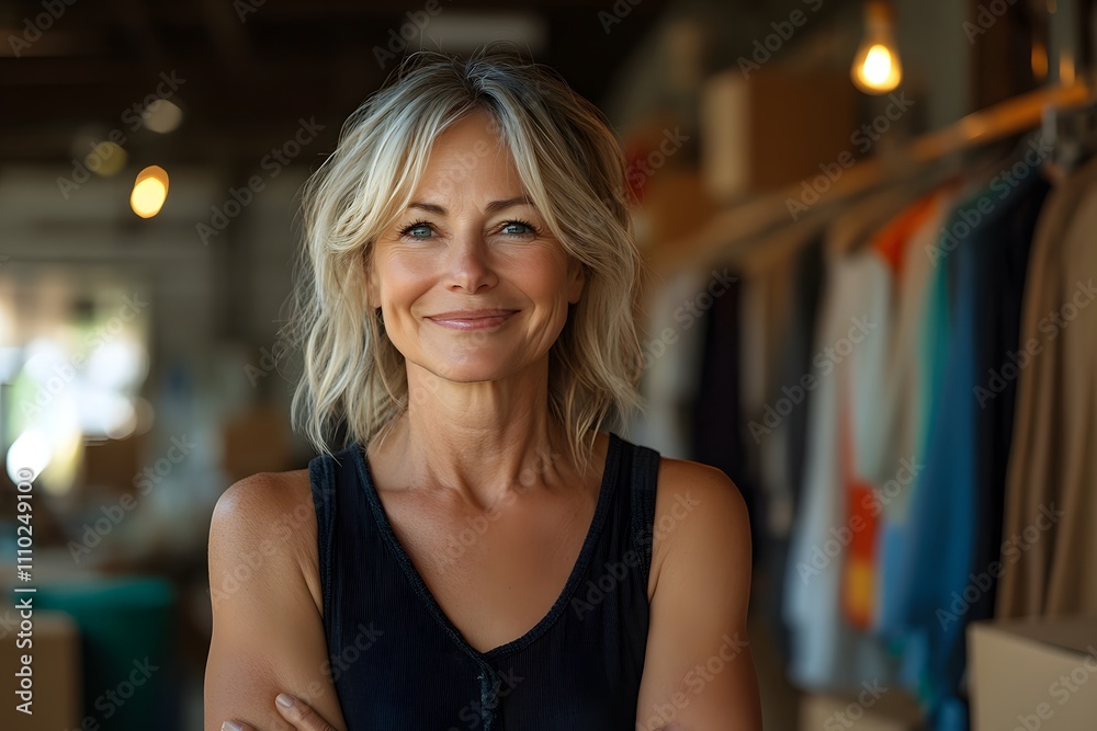 Confident Individual Standing in a Clothing Store with Arms Crossed, Surrounded by Hanging Garments and Warm Lighting, Showcasing a Stylish and Casual Retail Environment. Confident Individual Standing in a Clothing Store with Arms Crossed, Surrounded by Hanging Garments and Warm Lighting, Showcasing a Stylish and Casual Retail Environment.
