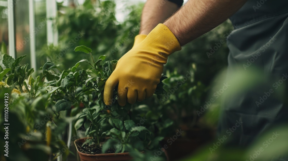 Fototapeta premium Gardening enthusiast tending to plants in a greenhouse during daylight hours