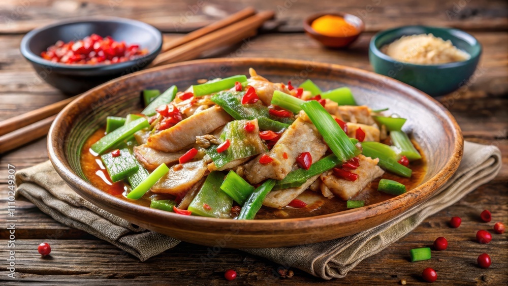 Stir-fried Pork with Green Onions and Chili Peppers in a Rustic Brown Dish, Served with a Side of Red Pepper Flakes Stir-fried Pork with Green Onions and Chili Peppers in a Rustic Brown Dish, Served with a Side of Red Pepper Flakes
