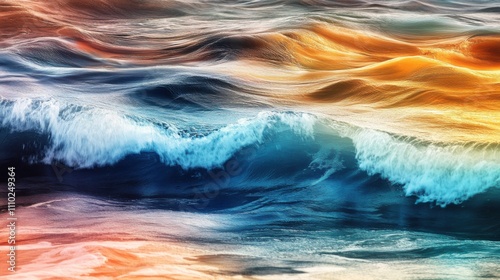An evocative image of a series of colorful waves in different shades and patterns flowing together to form a unified ocean