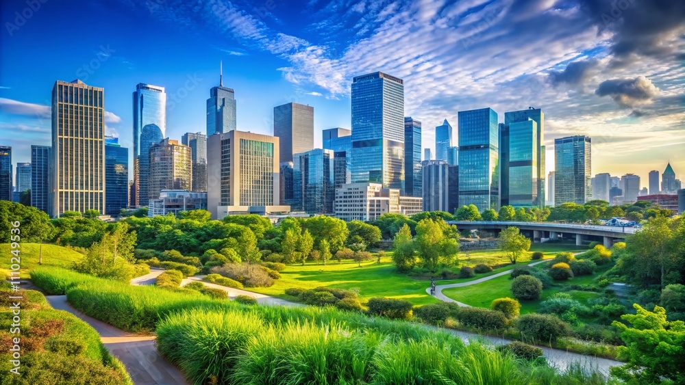 Obraz premium Captivating Urban Landscape with High Depth of Field Featuring Lush Greenery and Dynamic Skyline Under Clear Blue Sky, Perfect for Nature and Cityscape Enthusiasts