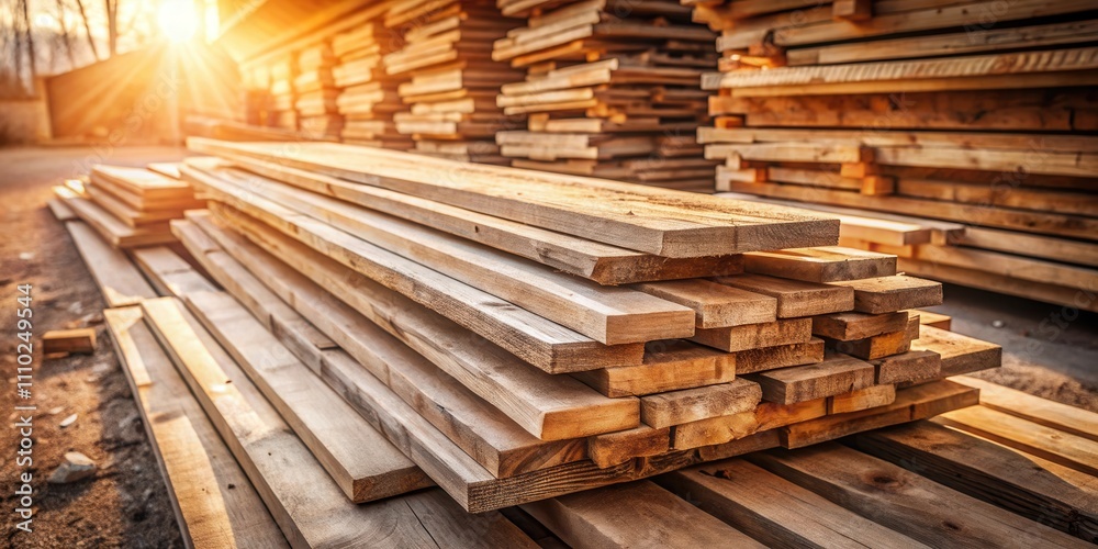 A stack of wooden planks arranged in a staggered pattern, with the top layer extending outwards, bathed in the warm glow of the setting sun. A stack of wooden planks arranged in a staggered pattern, with the top layer extending outwards, bathed in the warm glow of the setting sun.