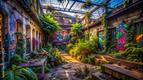 Captivating Urban Exploration Trap Shot: A Stunning View of Abandoned Buildings and Hidden Spaces in a Vibrant City Landscape Filled with Graffiti and Overgrown Plants