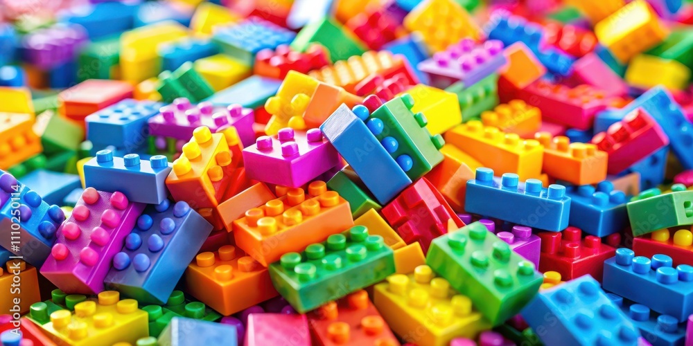 A vibrant and colorful collection of plastic building blocks, showcasing a multitude of shapes and sizes, creating a whimsical and playful backdrop.
