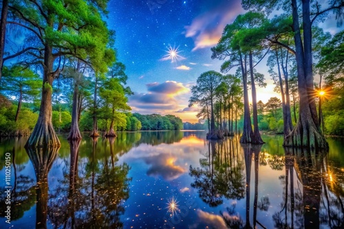 Captivating Watercolor Landscape of Congaree National Park at Dusk, Showcasing Lush Swamps, Towering Trees, and Reflections in Tranquil Waters Under a Starry Sky