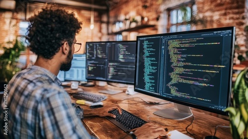 Creative software developer writing code in a modern workspace filled with plants photo