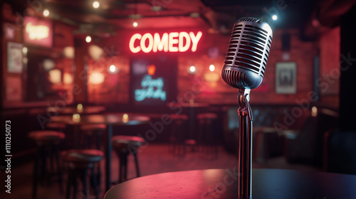 A microphone on stage with a neon 'comedy' sign, symbolizing stand-up comedy.