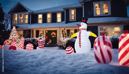 A front yard filled with inflatable holiday decorations, including a giant snowman, candy canes, and a cheerful penguin family.