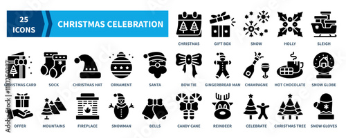 Christmas Celebration icon collection set. Containing christmas, gift box, snow, sleigh, christmas card, christmas hat, santa, candy cane icon. Simple black fill vector.