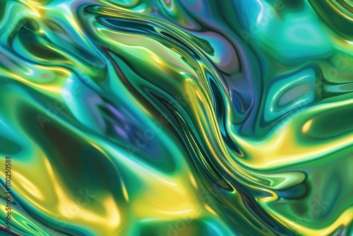 Glowing, neon colorful green and yellow liquid flows beautifully in smooth waves with metallic sheen, dynamic, moving abstract background shimmering with reflections.