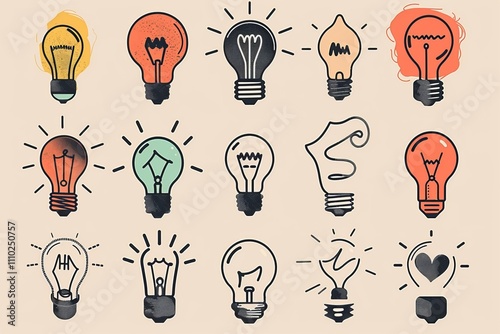 Graffiti light bulbs, lamp icon silhouettes set, lightbulbs isolated, doodle sketched bulbs, creativity idea