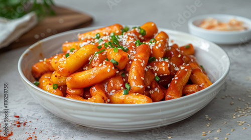 Korean food Tteokbokki, rice cakes in spicy red sauce with sesame in white bowl on grey concrete background, traditional Asian cuisine.