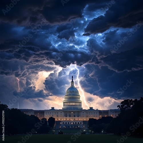 The Capitol Building Surrounded By Storm Clouds And Lightning 