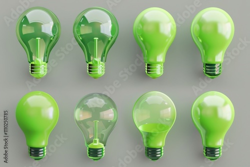 Green light bulbs, lamp icon set, lightbulbs isolated, render style minimal light bulbs, creativity idea