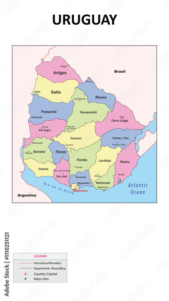 Obraz premium Uruguay Map. State and union territories of Uruguay with neighbouring countries. Political map of Uruguay with capital and important cities in Detailed.