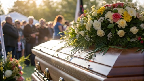 Coffin at funeral ceremony with flowers and mourners in soft sunlight