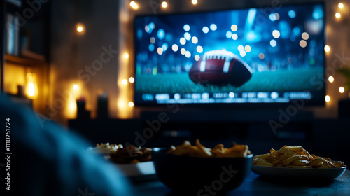 Enjoying snacks while watching a football game on a cozy evening with friends. photo