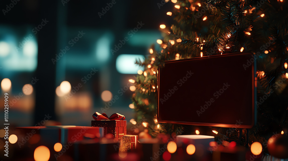 Festive Christmas scene with twinkling lights and beautifully wrapped gifts. Festive Christmas scene with twinkling lights and beautifully wrapped gifts.