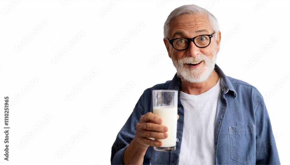 Happy Senior Man Drinking Milk: A joyful senior man with a white beard and glasses holds a glass of milk, smiling with genuine happiness. Happy Senior Man Drinking Milk: A joyful senior man with a white beard and glasses holds a glass of milk, smiling with genuine happiness.