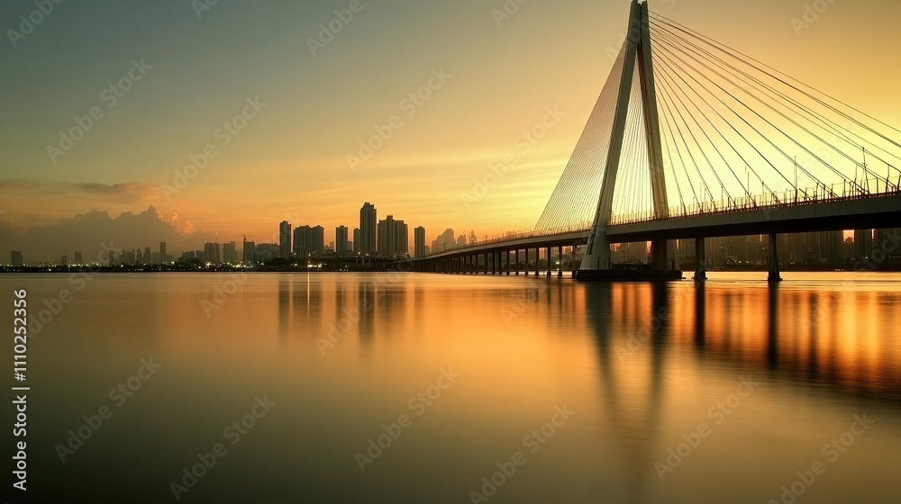 Fototapeta premium A serene sunset view of a modern bridge with a city skyline in the background.