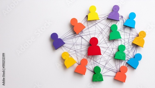 Connected and Intertwined: A vibrant network of individuals, represented by colorful wooden figures, interconnected by threads, symbolizing the power of relationships, community, and collaboration.   photo