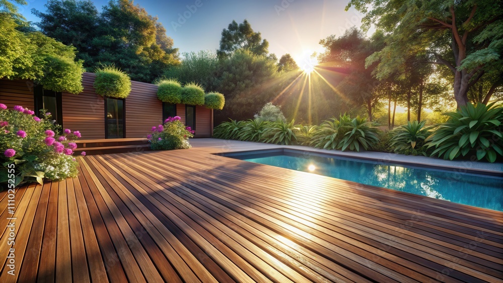 A sunny backyard oasis features a wooden deck extending towards a shimmering blue pool, surrounded by lush greenery and bathed in the golden glow of the setting sun. A sunny backyard oasis features a wooden deck extending towards a shimmering blue pool, surrounded by lush greenery and bathed in the golden glow of the setting sun.