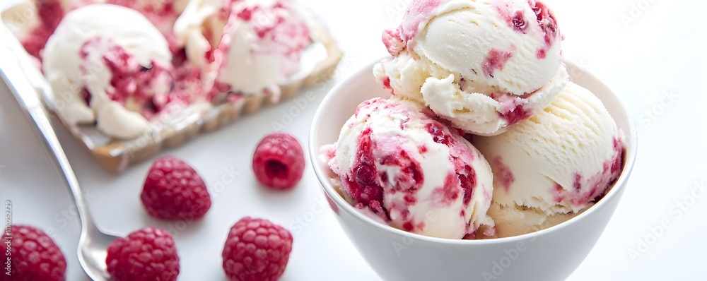 Tangy Raspberry Swirl Ice Cream in Bowl with Fresh Raspberries on White Background Tangy Raspberry Swirl Ice Cream in Bowl with Fresh Raspberries on White Background