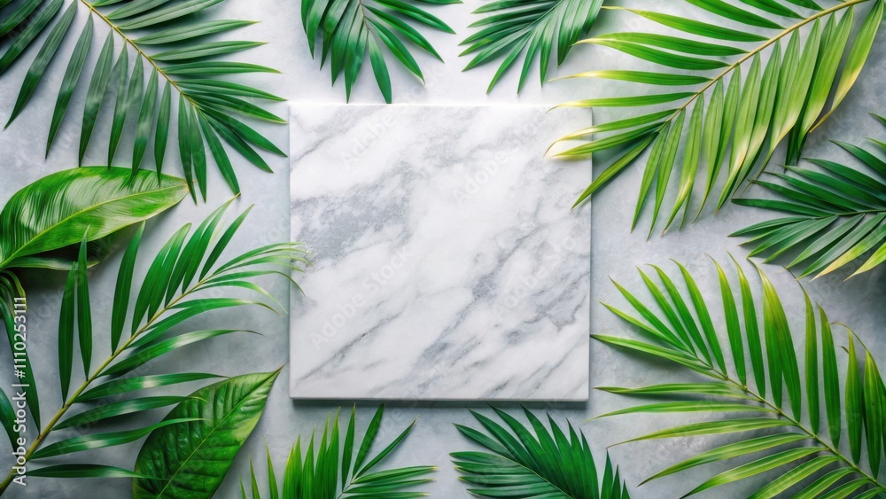 A minimalist arrangement featuring a white marble surface surrounded by vibrant green palm leaves, creating a sense of tranquility and natural beauty.