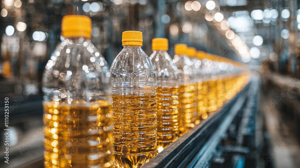 Conveyor belt with plastic bottles moving in a modern industrial setting, symbolizing efficiency, mass production, automation, and the flow of consumer goods in manufacturing processes Conveyor belt with plastic bottles moving in a modern industrial setting, symbolizing efficiency, mass production, automation, and the flow of consumer goods in manufacturing processes