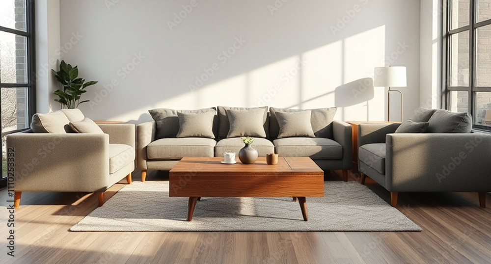 Fototapeta premium interior with sofa and wooden coffee table - 3d rendered illustration