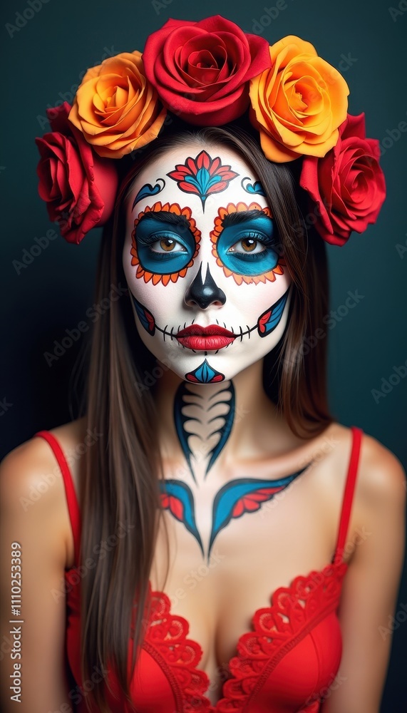 Fototapeta premium Calavera Makeup Art with Floral Patterns for a Day of the Dead Celebration Look.