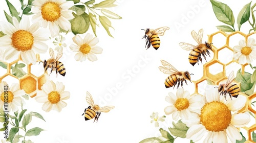 Fototapeta Naklejka Na Ścianę i Meble -  33.A hand-painted watercolor wreath of blooming flowers and leaves, with bees flying around honeycomb segments and daisies. The warm yellow of the honeycomb contrasts beautifully with the soft greens