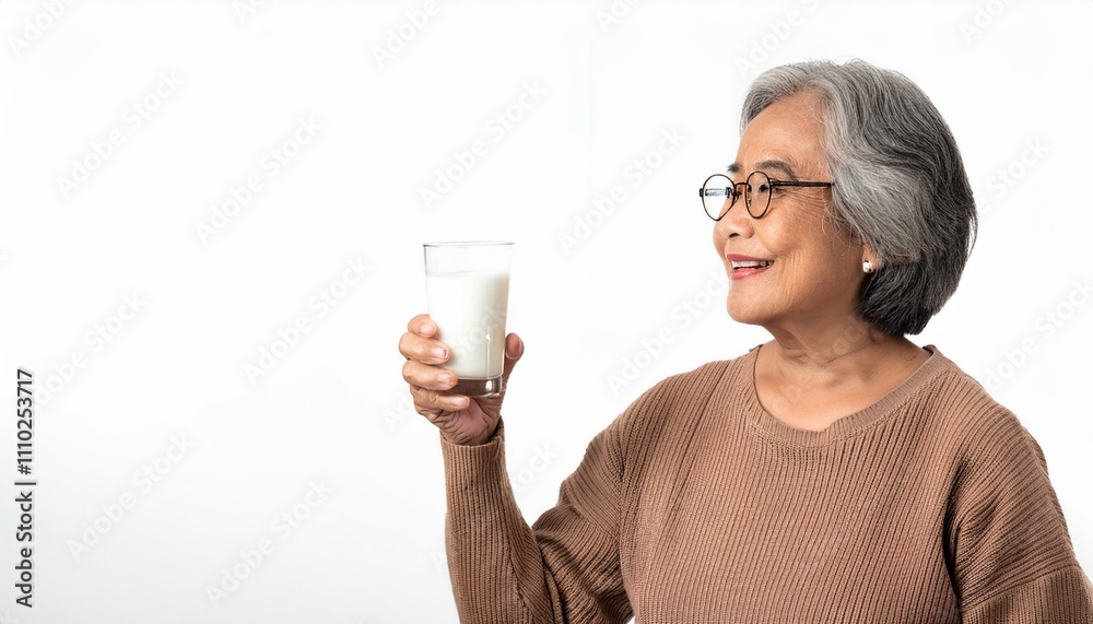 Elderly woman enjoying a glass of milk: A mature woman with gray hair and glasses smiles contentedly as she holds a glass of milk, capturing a moment of simple pleasure and well-being. Elderly woman enjoying a glass of milk: A mature woman with gray hair and glasses smiles contentedly as she holds a glass of milk, capturing a moment of simple pleasure and well-being.