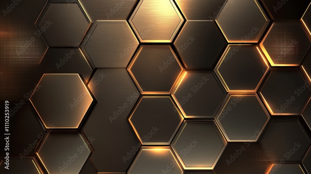 83.An abstract metallic hexagon background where each hexagonal piece shines with a soft golden light. The golden glow gives the cold metal a warm, sophisticated ambiance, making the hexagons stand