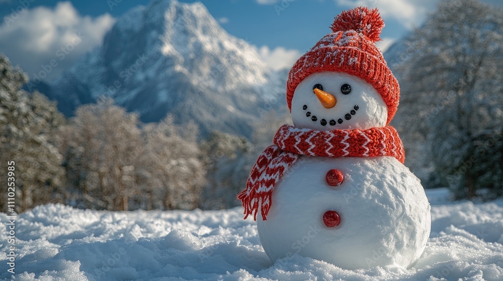 Obraz premium Cheerful snowman in a snowy playground with Cascade Mountain backdrop and frosty trees under a bright blue sky