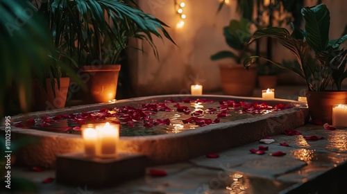 Beautiful outdoor bathtub filled water rose petals is A tranquil spa setting photo