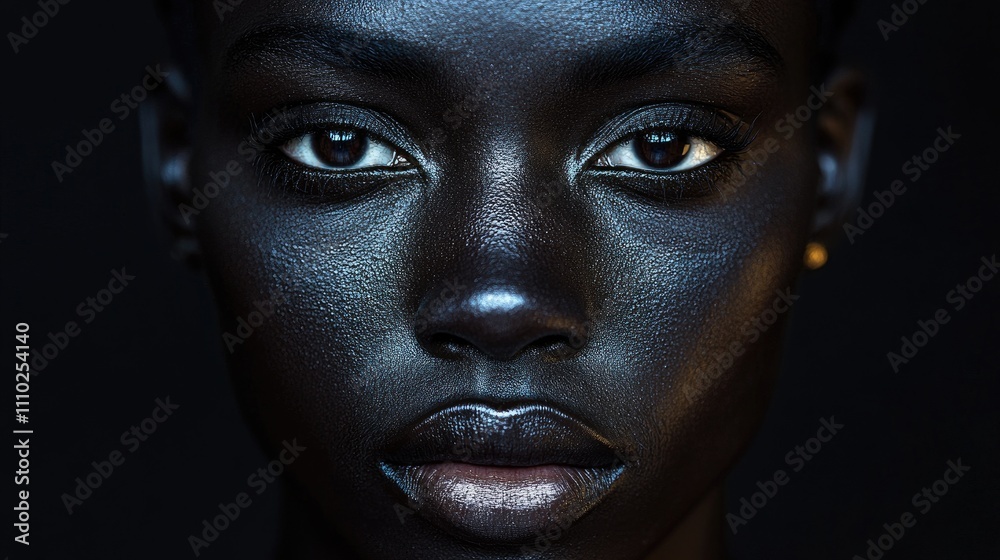 Intense close-up portrait of a dark-skinned individual showcasing striking facial features and captivating expression on a dark background Intense close-up portrait of a dark-skinned individual showcasing striking facial features and captivating expression on a dark background