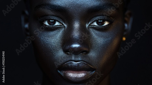 Intense close-up portrait of a dark-skinned individual showcasing striking facial features and captivating expression on a dark background photo